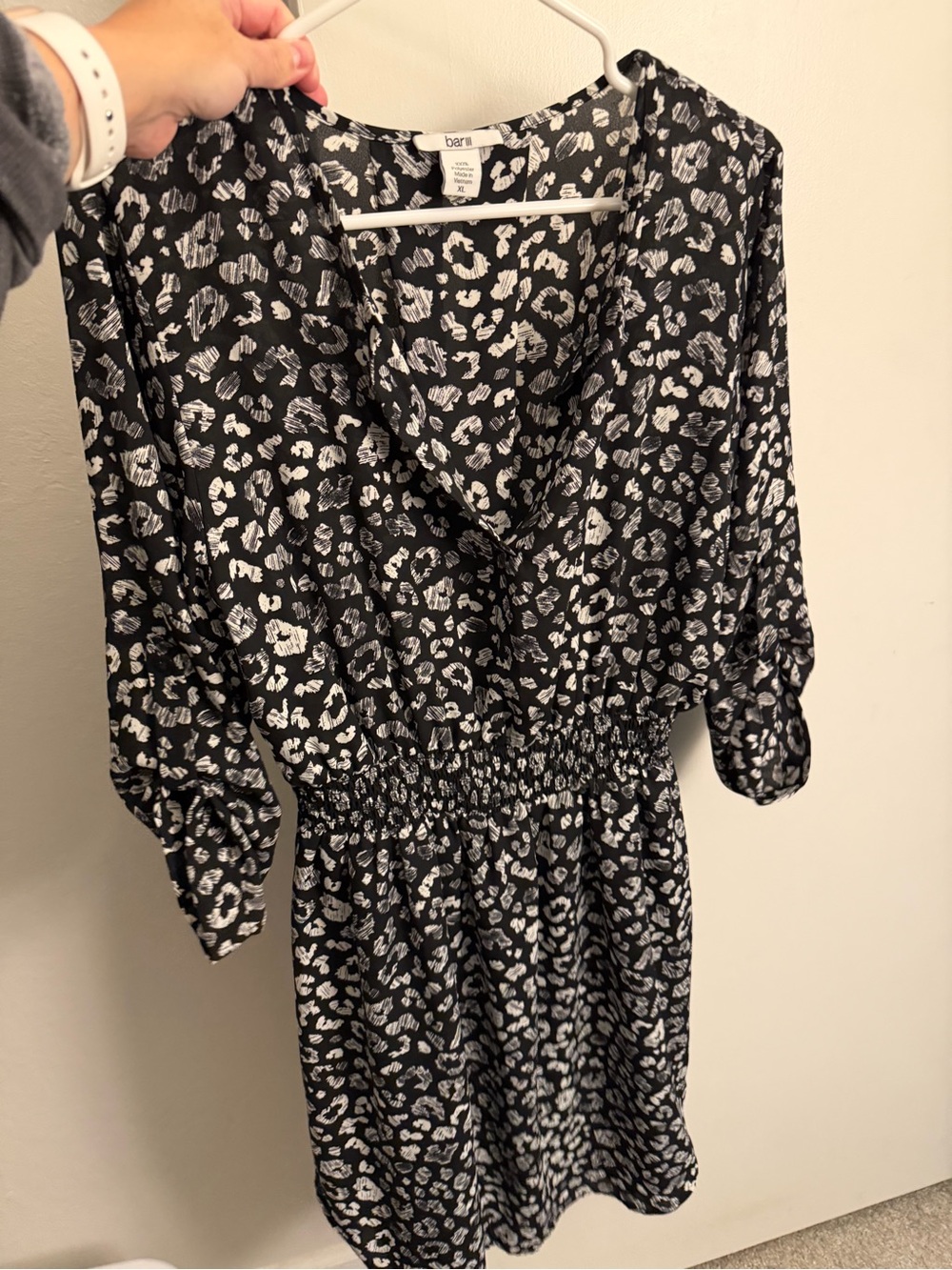 Bar III Black and White Leopard-Print Smocked-Waist Long Sleeve Dress